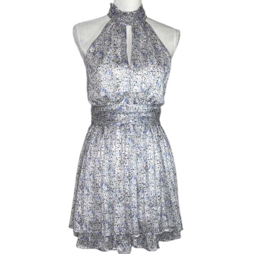Lulus Floral Gold Metallic Halter Neck Dress Feminine Girly Coquette Size M